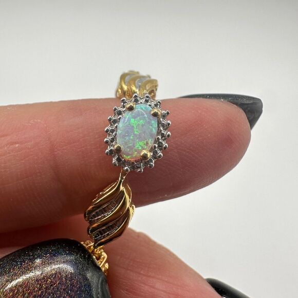 7" Lab created opal and diamond accent tennis bracelet in gold over 925! - Picture 3 of 16